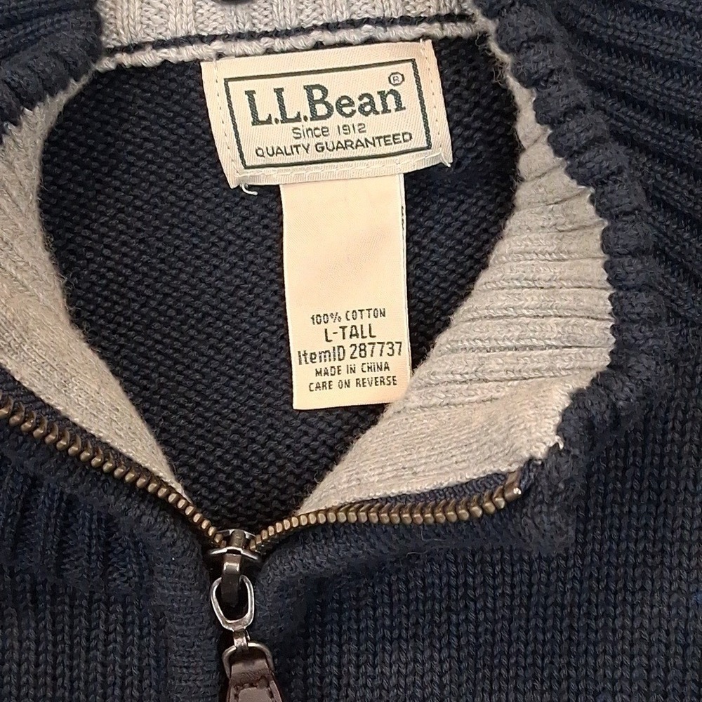 LL BEAN Mens L T Quarter Zip Navy Blue Cotton Knit Pullover Fishermans Sweater - Picture 6 of 7